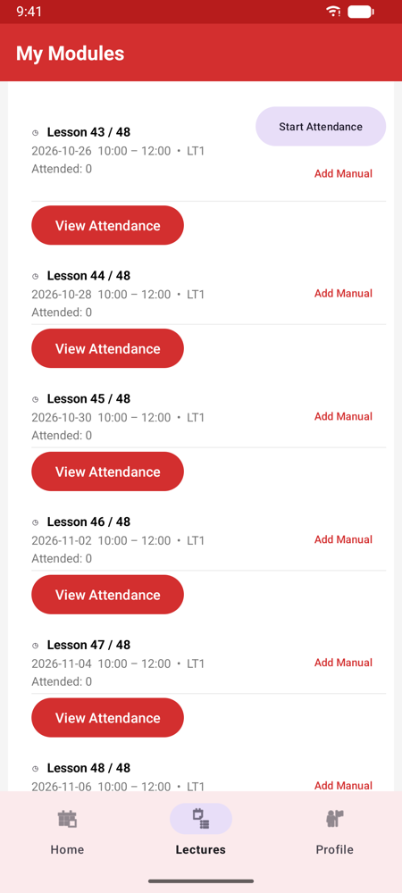 Module lesson list opened at today's lesson with Start Attendance