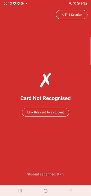 A real NFC card tapped on an Android phone: Card Not Recognised, linked to a student, Attendance Registered, then Already Registered