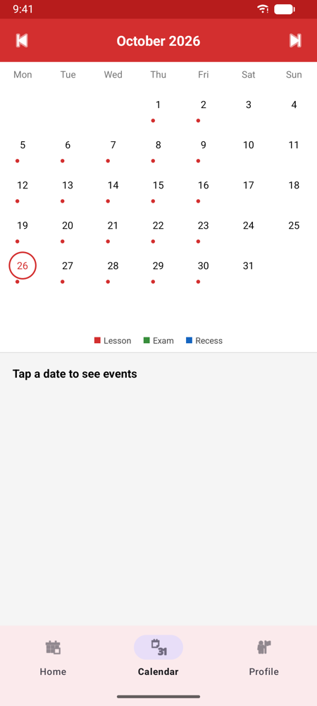 Month calendar with lesson dots and today circled